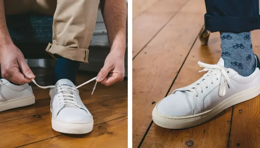 Un homme ajuste sa tenue avec une chaussure blanche homme, des chaussettes à vélos et un pantalon beige retroussé.