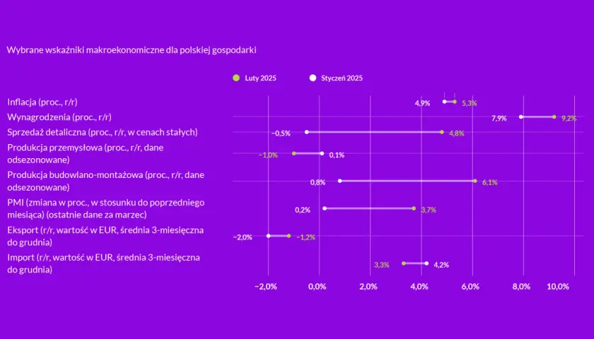 Wykres pokazuje wzrosty i spadki kluczowych wskaźników gospodarczych Polski w lutym i styczniu 2025. Widoczna jest zwyżka kursu akcji na giełdzie, odzwierciedlona w danych o eksporcie i produkcji.