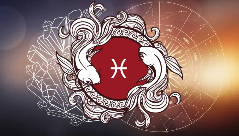 Dwa ryby symbolizujące znak zodiaku Ryby, otoczone ozdobnymi wzorami i kołem zodiaku.