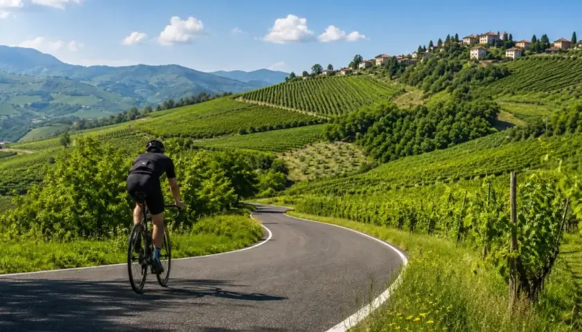 Ciclista su strada panoramica tra vigneti rigogliosi, esplorando i **percorsi ad anello Oltrepò Pavese**.