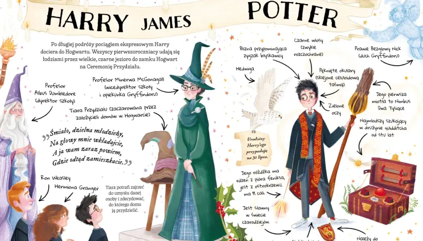 Ilustracja z książek o Harrym Potterze: Harry, Hedwiga, Dumbledore, McGonagall, Ron, Hermiona i Tiara Przydziału.