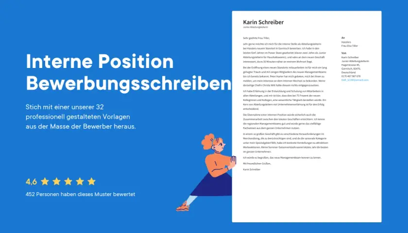 Interne Position Bewerbungsschreiben: Karin Schreiber bewirbt sich intern. Ein Muster, das heraussticht.