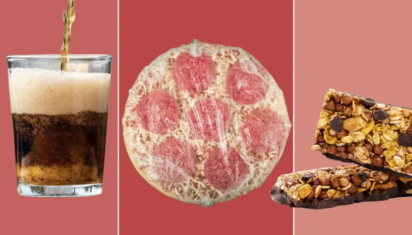 Läsk, fryst pizza och müslibars – exempel på ultraprocessad mat.