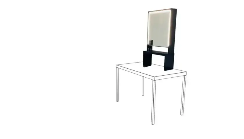 Specchio illuminato su un tavolino, soluzione per appendere specchio pesante senza bucare.