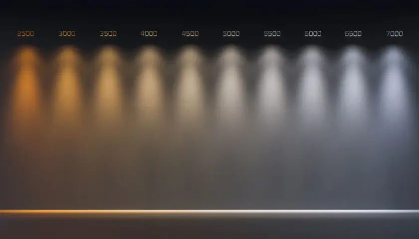 Muestra la progresión de la temperatura de color de las luces, desde un cálido naranja hasta un frío azulado, con números indicando cada nivel.