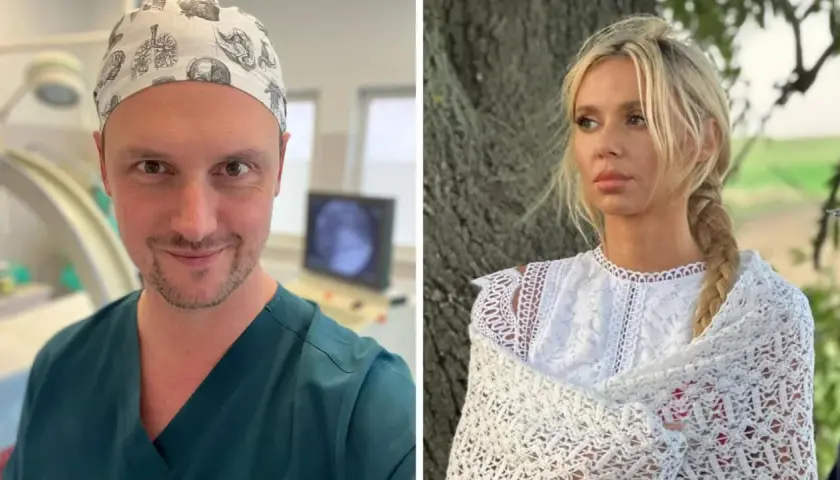 Łukasz Grabarczyk i jego żona, piękna blondynka w białej koronkowej sukience, pozują do zdjęć.