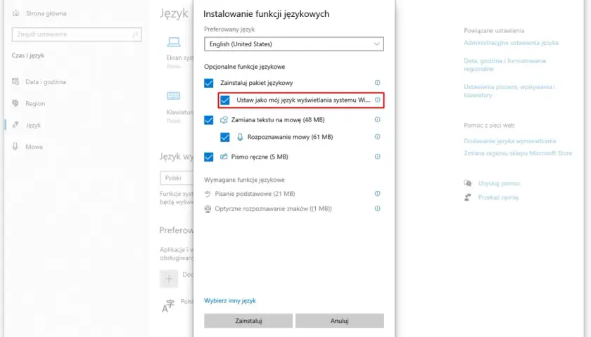 Instalowanie pakietów językowych Windows 7. Zaznaczono opcję "Ustaw jako mój język wyświetlania systemu".