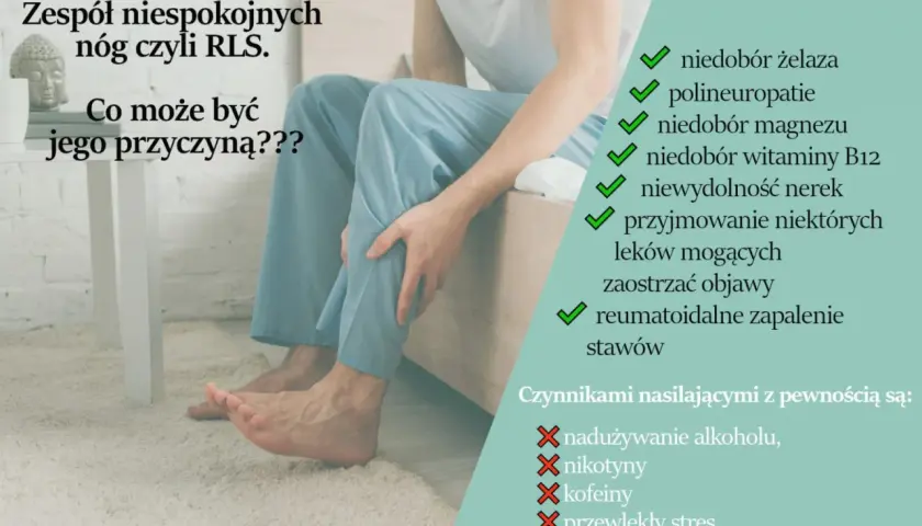 Człowiek z zespołem niespokojnych nóg (RLS) szuka ulgi. Przyczyny RLS to m.in. niedobory, a nasilają go alkohol, nikotyna, kofeina i stres.