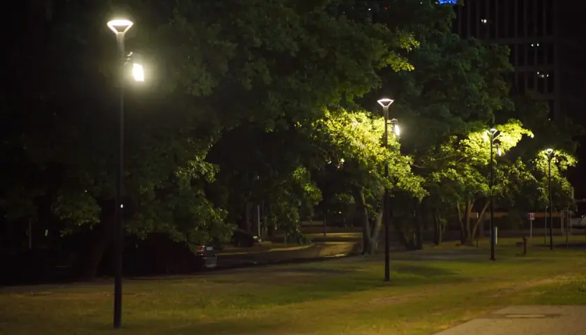 Nocny park rozświetlony przez nowe latarnie. Trwa budowa oświetlenia ulicznego, tworząc bezpieczną przestrzeń.