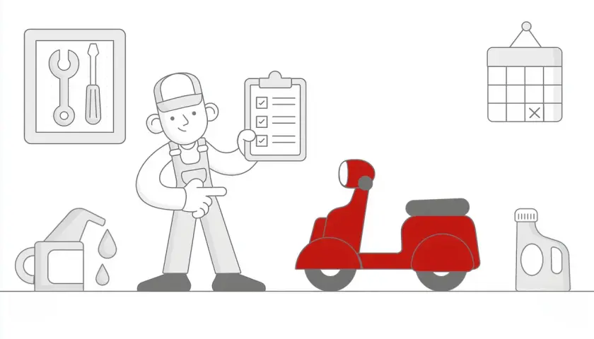Mechanik z listą kontrolną obok czerwonego motoroweru, narzędzia, olej i kalendarz.