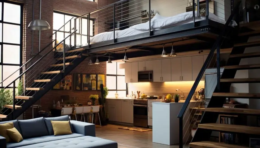 Un loft moderno con soppalco in legno, letto sopra la cucina, scale a vista e un divano blu. Ottime idee per soppalco in legno.