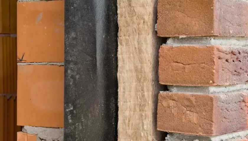 Warstwa izolacji z wełny mineralnej, która wpływa na niski współczynnik lambda, między czarną membraną a cegłą.