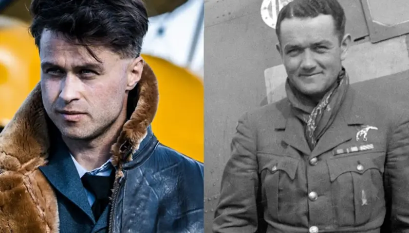 Dwóch pilotów, jeden współczesny w kurtce lotniczej, drugi z epoki, w mundurze z odznaczeniami, symbolizuje legendarny dywizjon 303.