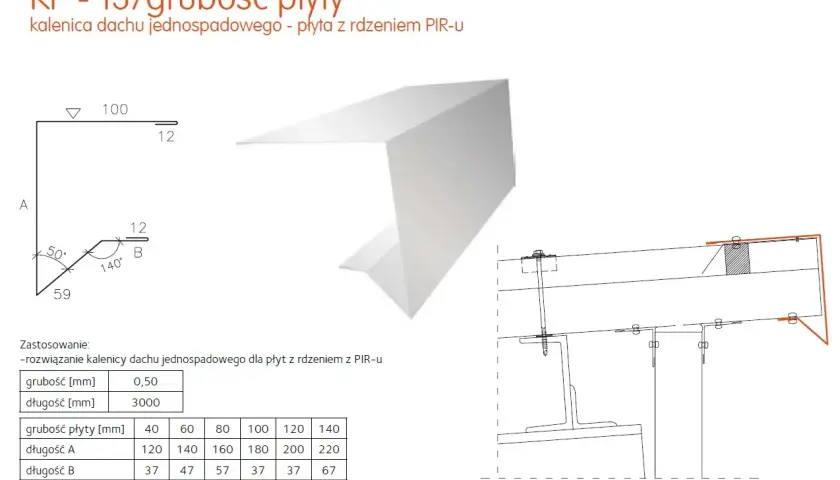Schemat montażu płyty warstwowej na kalenicy dachu jednospadowego. Detale techniczne i wymiary.