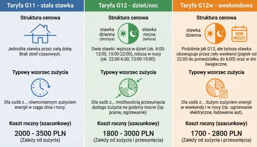 Porównanie taryf energii: G11 (stała), G12 (dzień/noc), G12w (weekendowa). Ukryte koszty transformacji energetycznej w nowych ustawach o odnawialnych źródłach mogą wpłynąć na te ceny.