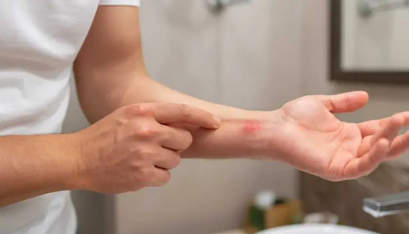 En person pekar på en röd, irriterad fläck på sin handled. Huden ser torr ut, kanske tecken på torra knogar.