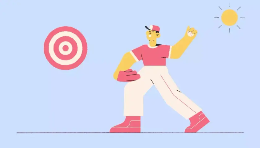 Gracz w baseball celuje w tarczę, symbolizując drogę do tego, jak odnaleźć sens życia. Słońce świeci, dodając nadziei.