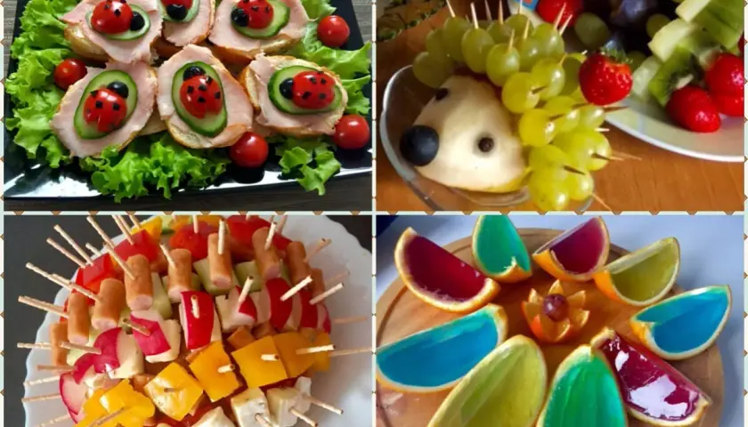 Kolorowe przekąski na urodziny dziecka: kanapeczki-biedronki, jeżyk z owoców, szaszłyki warzywne i galaretki w pomarańczach.