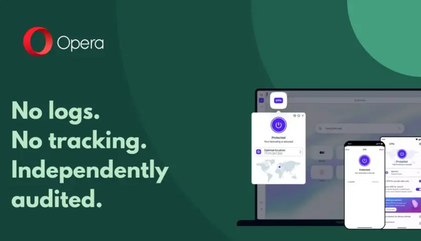 Logo Opery i ekran przeglądarki z aktywnym VPN.