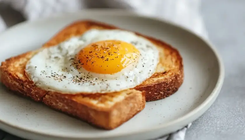 Idealne tosty z airfryer z jajkiem sadzonym, posypane pieprzem. Szybkie i pyszne śniadanie.