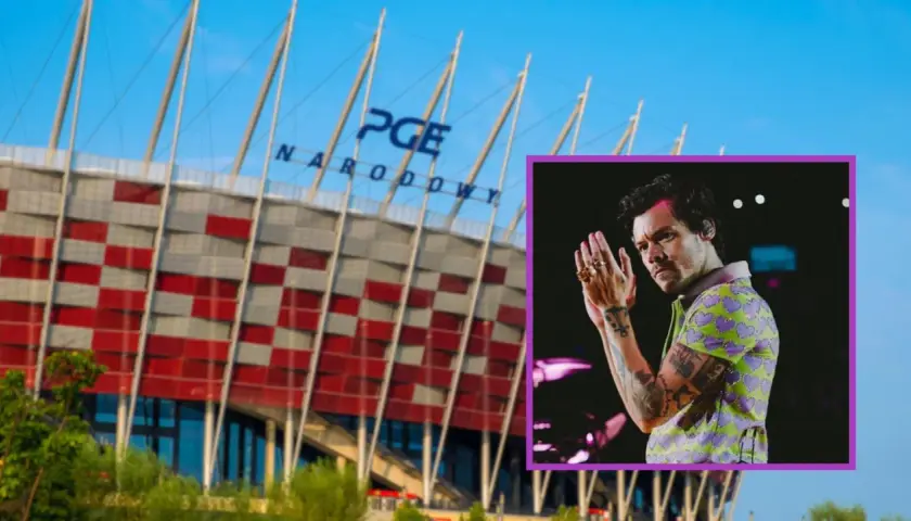 Harry Styles koncert na PGE Narodowym. Artysta w kolorowej koszuli, z dłońmi złożonymi w geście.