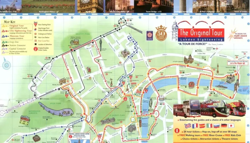 Mapa Londynu z zaznaczonymi atrakcjami i trasami autobusów turystycznych. Gdzie jest Londyn? Na mapie znajdziesz m.in. Pałac Buckingham, Big Ben i Tower Bridge.