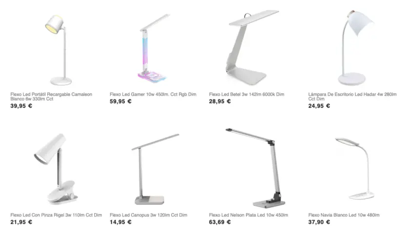 Variedad de flexos LED: uno blanco portátil, otro gamer RGB, un flexo verde metalizado Betel, lámpara Hadar, flexo con pinza Rigel, Canopus, Nelson Plata y Navia.