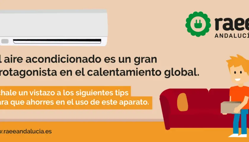 Un aire acondicionado blanco, un chico con un sofá y el logo de RAEE Andalucía. Aprende cómo evitar que tu aire acondicionado consuma más.