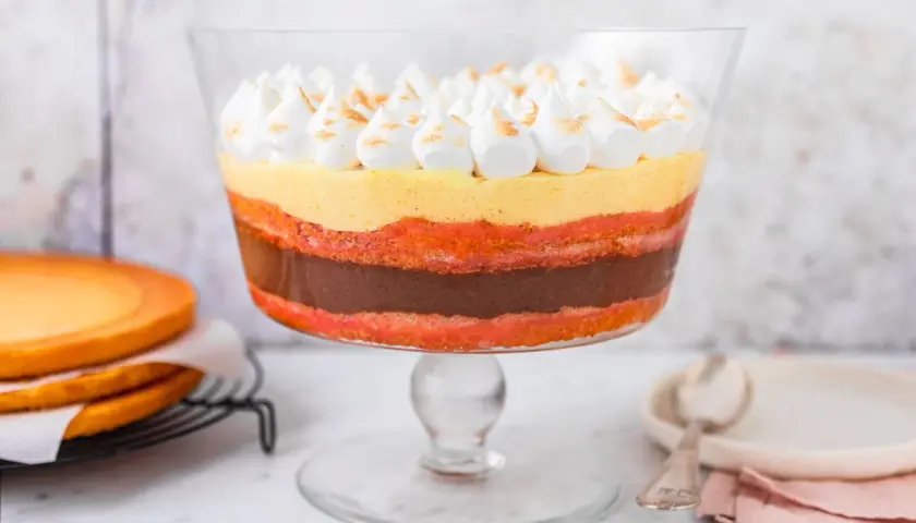 Deliziosa zuppa inglese ricetta in coppa, con strati di pan di Spagna, crema pasticcera, cioccolato e meringhe.