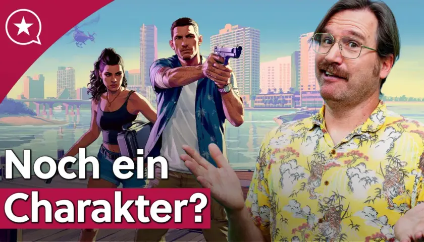 Der trailer gta 6 zeigt Charaktere vor einer Stadtkulisse. Ein Mann mit Waffe, eine Frau mit Koffer und ein Mann mit Hawaiihemd.