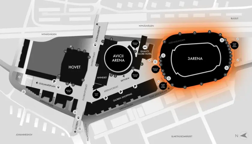 Karta över Tele2 Arena och närliggande områden. Visar entréer, hotell och shopping inför en konsert.