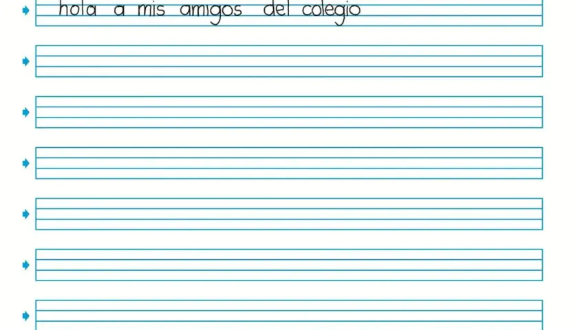 Hoja de práctica para mejorar caligrafía niños. Líneas guía para escribir "hola a mis amigos del colegio".