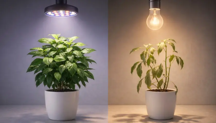 Dwie rośliny w doniczkach: jedna pod lampą LED do uprawy, druga pod tradycyjną żarówką. Czy lampy do uprawy roślin są szkodliwe dla ludzi?