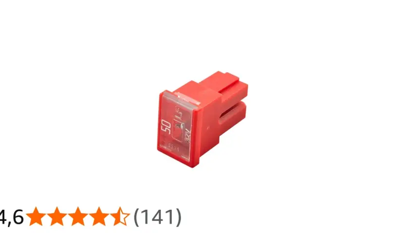 Fusibile rosso da 50A, 32V. Serve a proteggere i circuiti da sovraccarichi e cortocircuiti, evitando danni ai dispositivi.