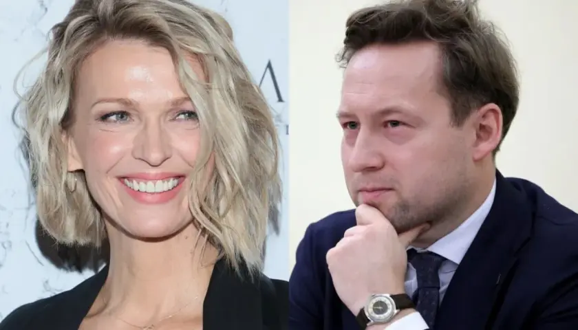 Uśmiechnięta Magda Mołek z mężem, który zamyślony opiera dłoń na brodzie.