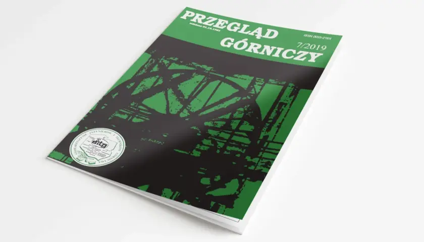 Okładka "Przeglądu Górniczego" z 7/2019, prezentująca abstrakcyjny wzór nawiązujący do rodzajów maszyn górniczych i ich pracy.