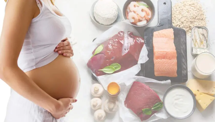 Schwanger mit Fokus auf Ernährung: Leber, Lachs, Garnelen, Milchprodukte und Eier gegen Vitamin B12 Mangel in der Schwangerschaft.