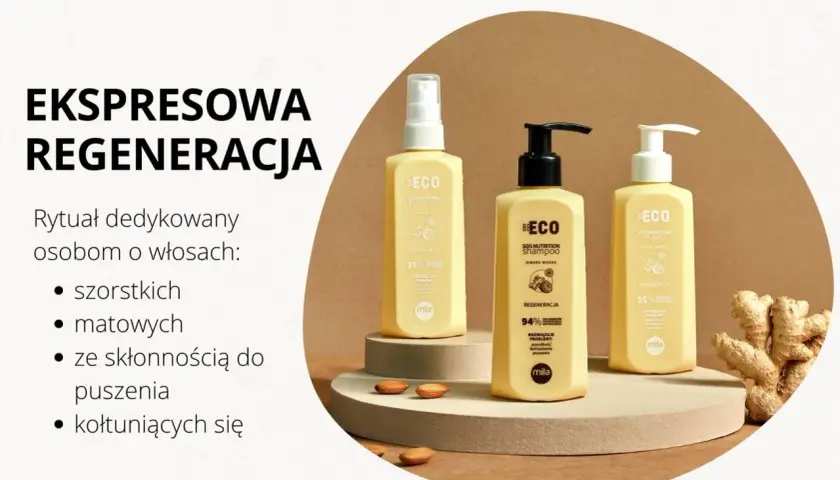 Linia kosmetyków BeEco z imbirem i migdałami, idealna do włosów szorstkich i matowych. Metoda omo dla ekspresowej regeneracji.