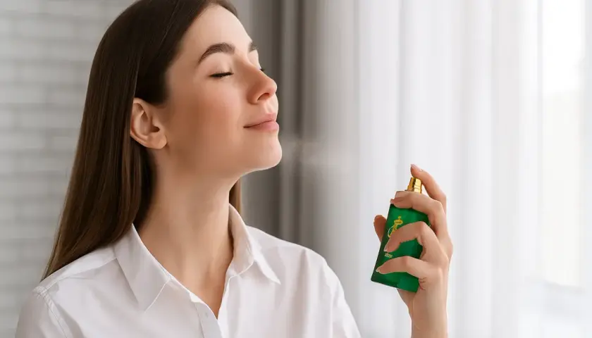Kobieta z zamkniętymi oczami wdycha zapach perfum. Czuje, jak pachnie jaśmin, gdy rozpyla go na szyję.