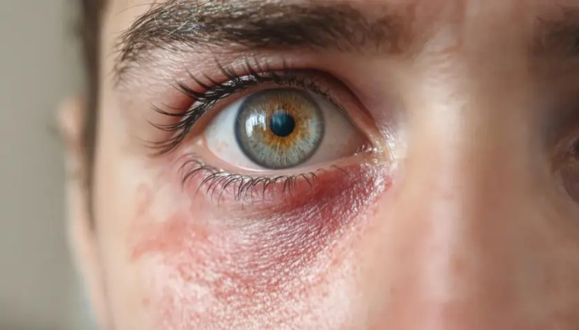 Œil humain avec paupière rouge et irritée, signe d'une allergie au mascara.