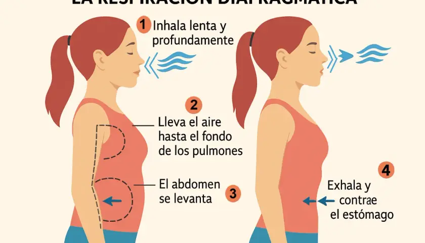 Ilustración de los pasos para una respiración consciente y diafragmática: inhalar profundo, llevar aire a los pulmones, abdomen se levanta, exhalar contrayendo estómago.
