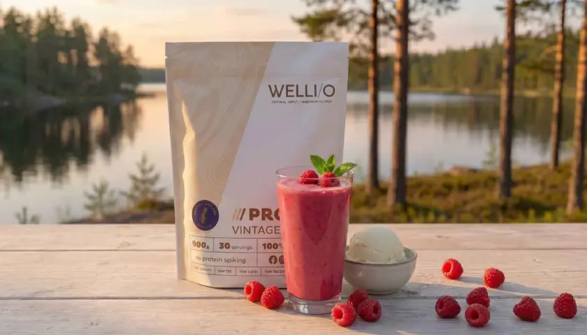 En protein smoothie med hallon och mynta, bredvid en påse proteinpulver och en skål vaniljglass, vid en sjö i solnedgången.