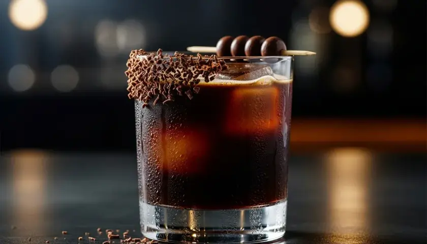 En isig black russian med chokladströssel på glaskanten och chokladkulor på en pinne.