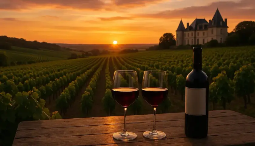 Un coucher de soleil doré sur un domaine viticole de Bordeaux, avec deux verres de vin rouge et une bouteille sur une table en bois.