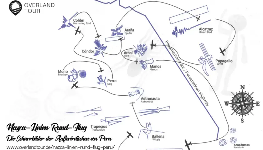 Karte zeigt die Nazca-Linien in Peru: Kolibri, Kondor, Affe, Hund, Spinn, Baum, Hände, Astronaut, Wal, Papagei, Albatros.