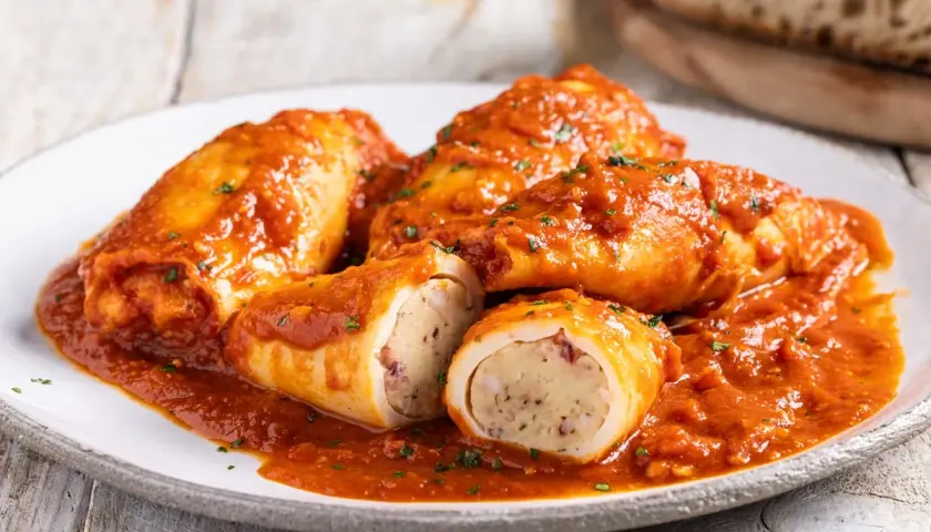 Calamari ripieni in padella, soffocati in un sugo rosso saporito, con un ripieno visibile e prelibato.