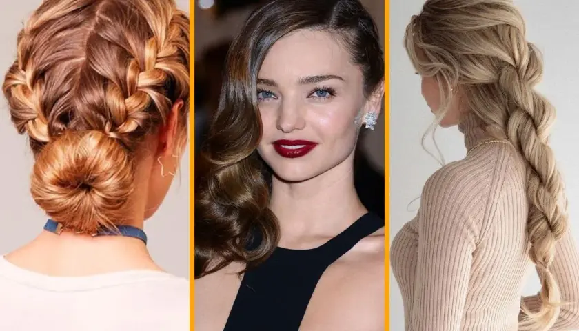 Peinados fáciles pelo largo: moño trenzado, ondas glamurosas y trenza de espiga.