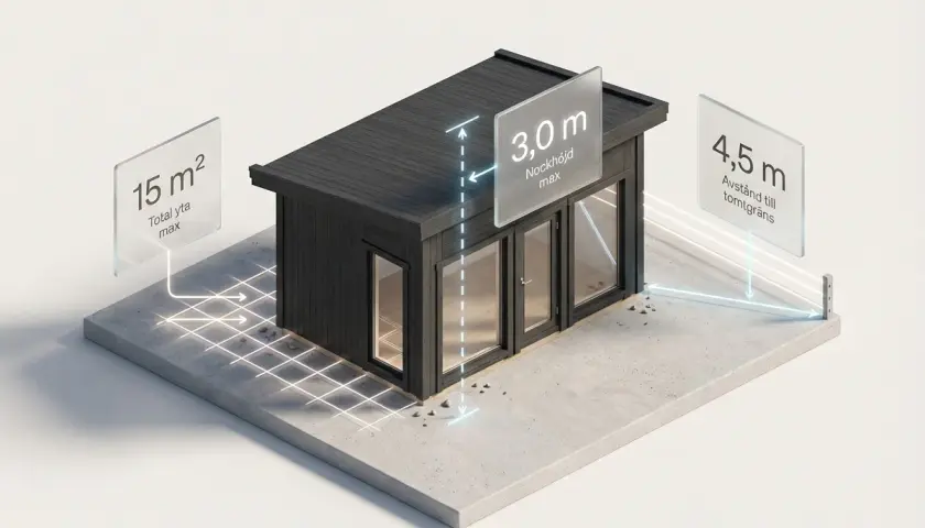 En illustration som visar en friggebod med mått för total yta (15 m²), nockhöjd (3,0 m) och avstånd till tomtgräns (4,5 m). Perfekt för att planera din friggebod.