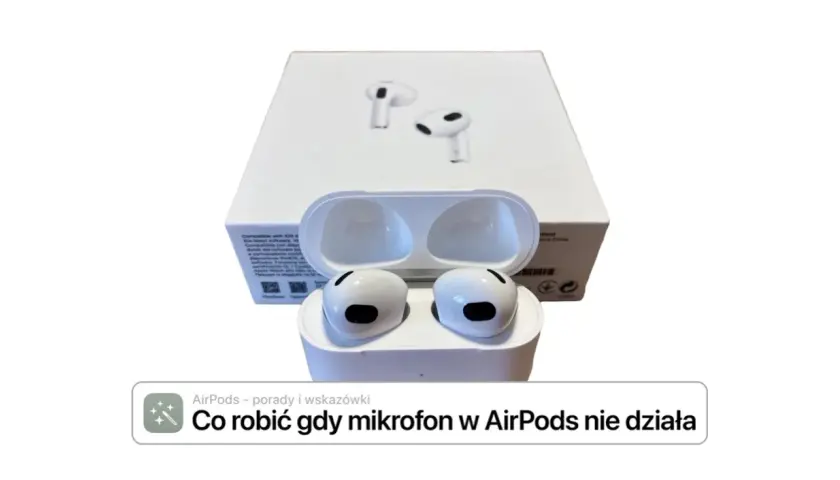 AirPods w etui, obok pudełka. Dowiedz się, jak połączyć AirPods z Windowsem, gdy mikrofon nie działa.