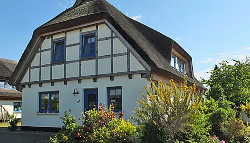 Reetgedecktes Haus mit blauen Fenstern und Tür, umgeben von blühenden Sträuchern und Bäumen. Ein idyllischer Anblick am Breeger Bodden.